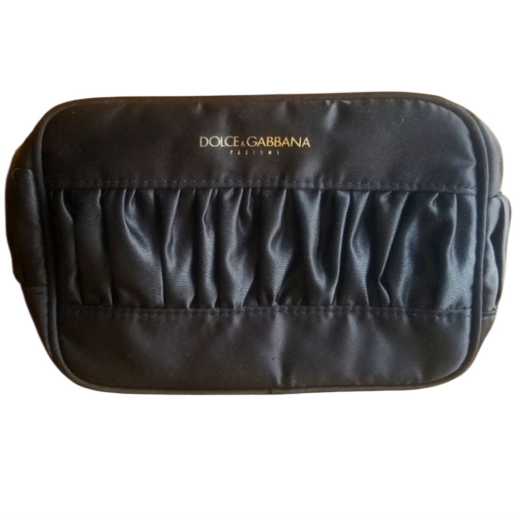 DOLCE & GABBANA black satin ruffle cosmetic travel clutch bag